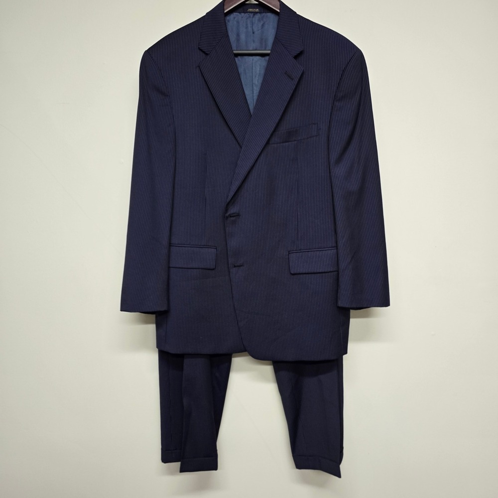 Hart Schaffner Marx Gold Pinstripe Suit Mens 44S 38x28 Navy Wool Pleated Cuffed